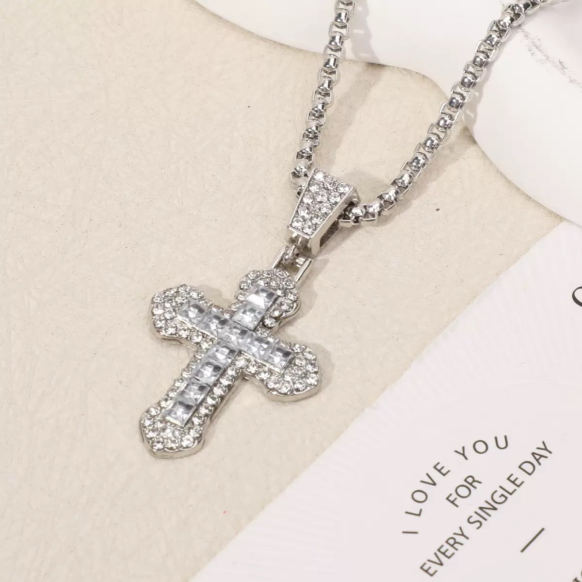 Silver Iced Cross Necklace – Crystal Pendant with Rhinestone Detailing