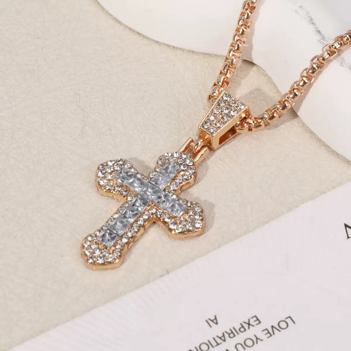 Colorful Cross Pendant Necklace – Gold Chain with Crystal Inlay