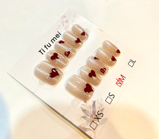 Nude Pearl Heart Press-On Nails – 10 Pcs Short Tapered Square Set (Medium)