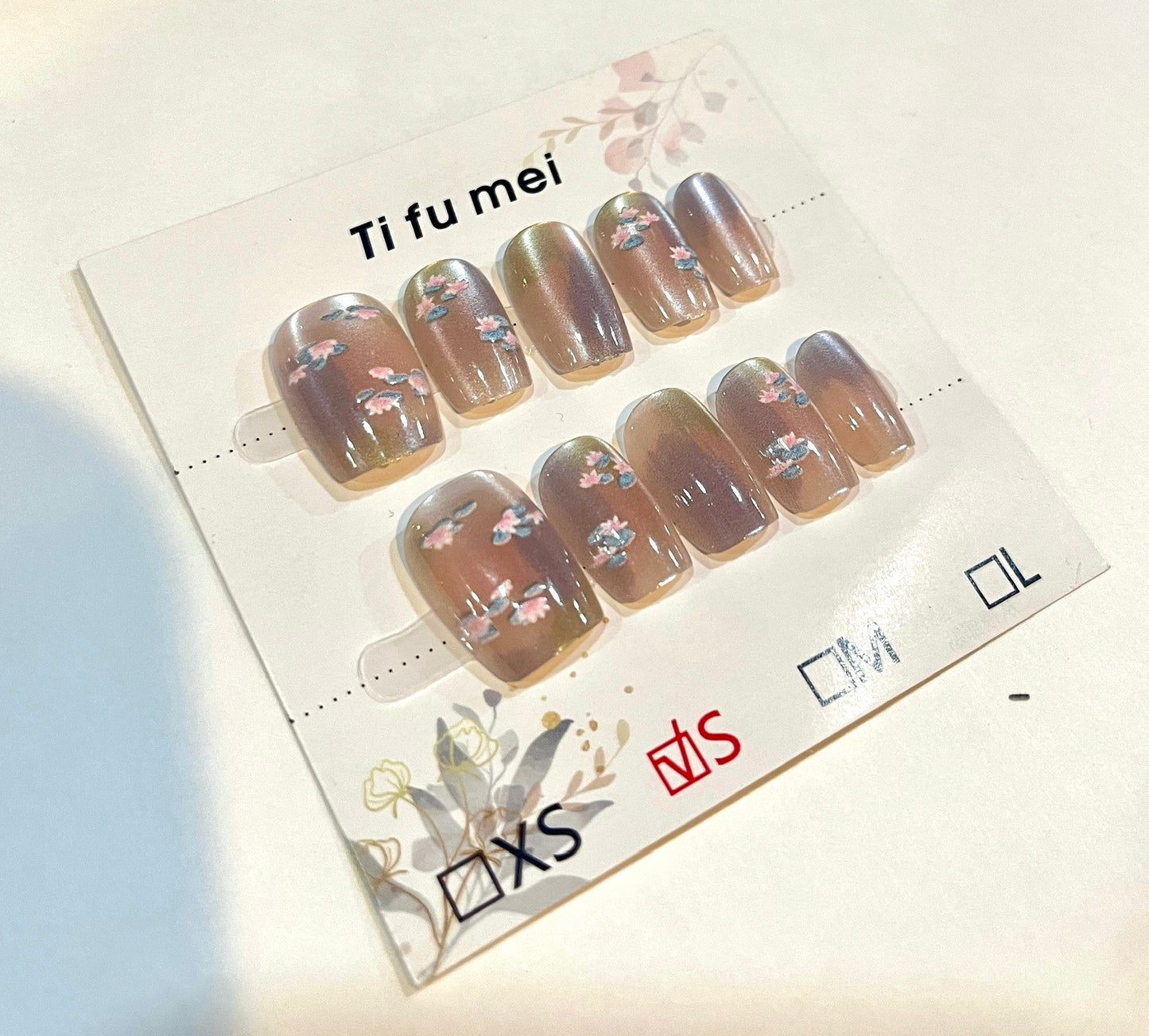 S Size – Neutral Blossom Press-On Nails | Brown-Gold Gradient with Dainty Floral Design