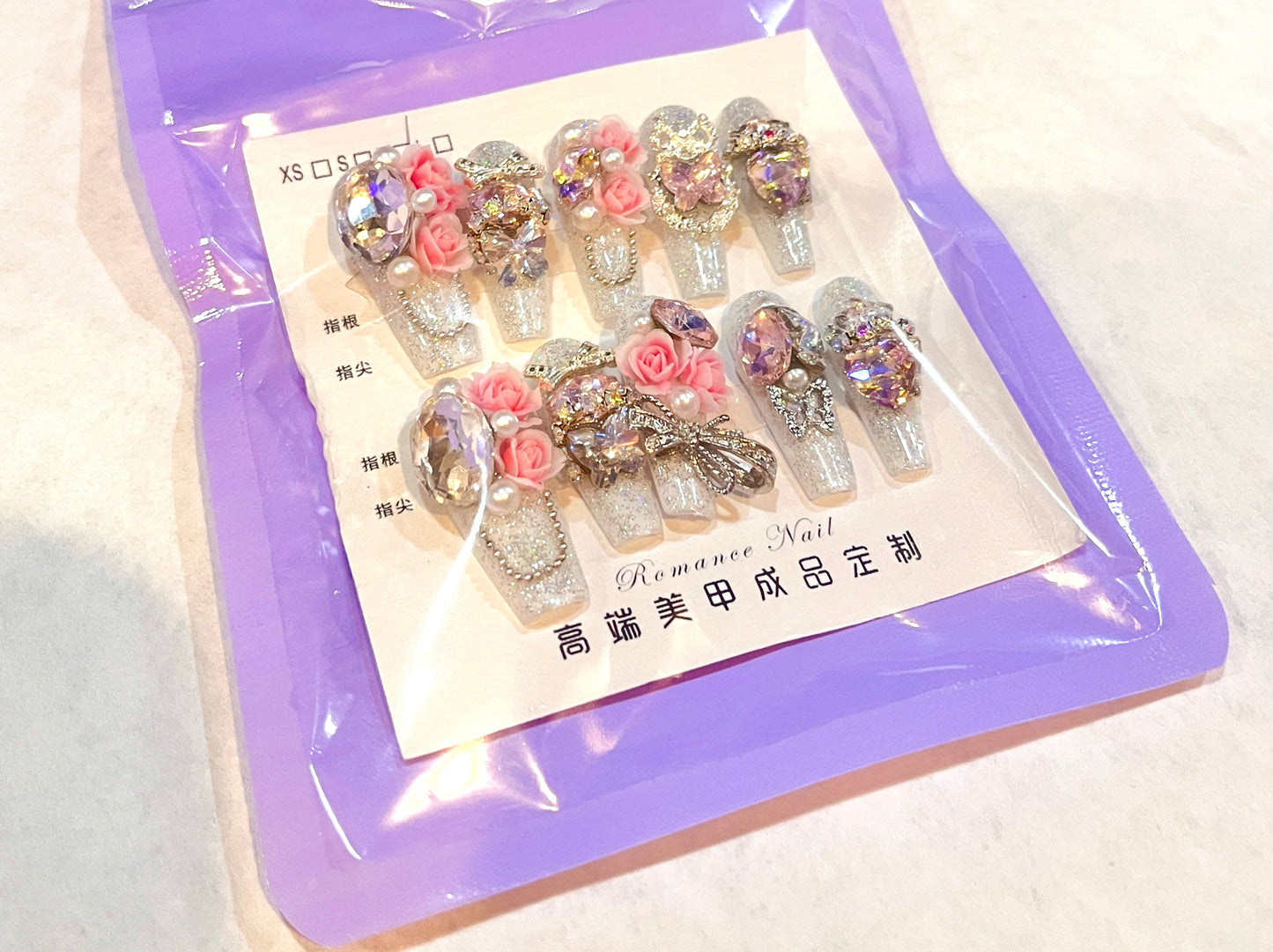 “Crystal Garden Party” Glitter Floral Press-On Nails
