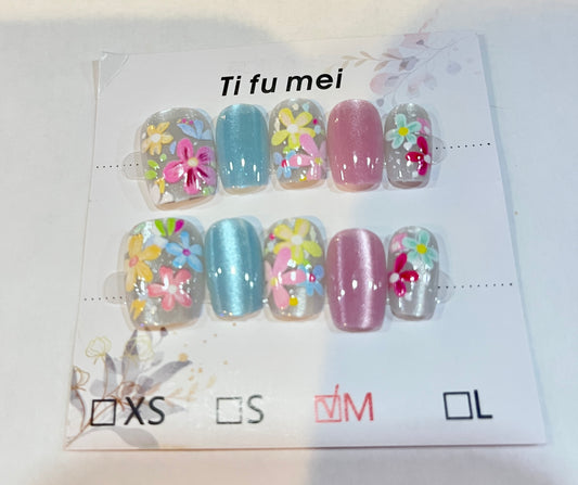 colorful flowers short press-on nails