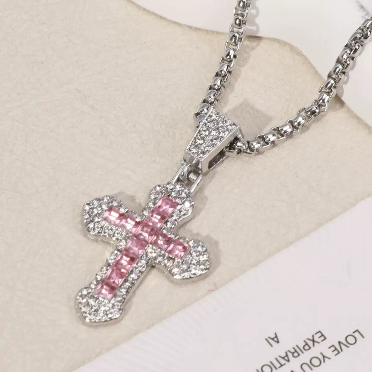 Silver Iced Cross Necklace – Crystal Pendant with Rhinestone Detailing